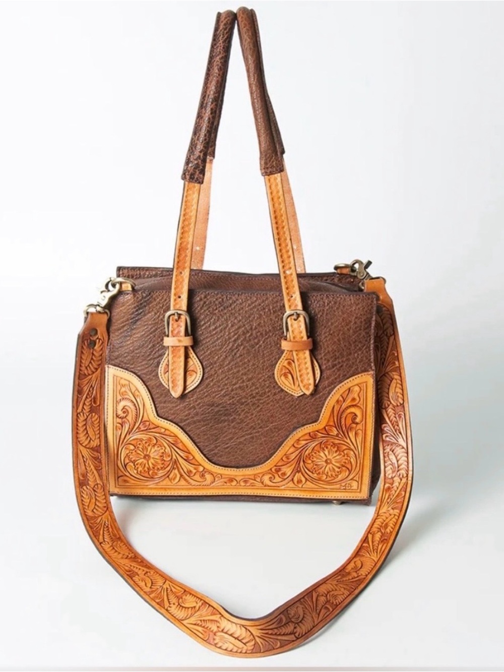 Hand-Tooled Brown & Tan Leather Shoulder Bag